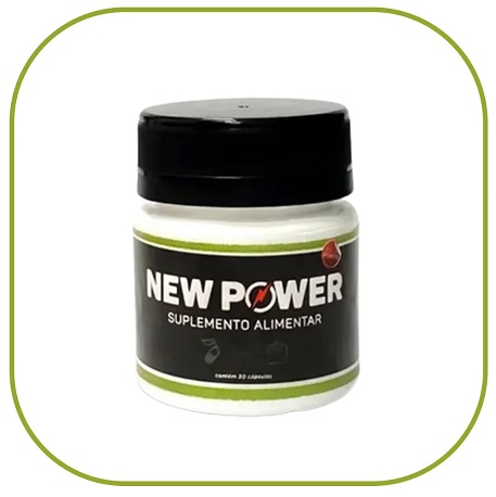 O produto descrito é o Composto New Power Extra Forte, que é uma cápsula oral para perda de peso. Sua composição inclui vários ingredientes, como Faseolamina, Matcha, Hibiscus, Vitamina C, Cavalinha, Alcachofra, Gengibre e Picolinato de Cromo.